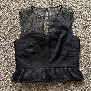 Express Black Sheer Dotted Mesh Peplum Knot-Front Top NWOT